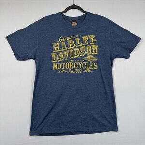 Harley Davidson Blue Scripts Tee Mens Large T-Shirt Motorcycle Biker Bull Horns